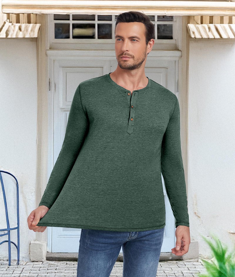 PEGENO Men's Casual Slim Fit Long Sleeve Henley T-Shirts Cotton Shirts (US Large, A2 VG-Green) - Image 4